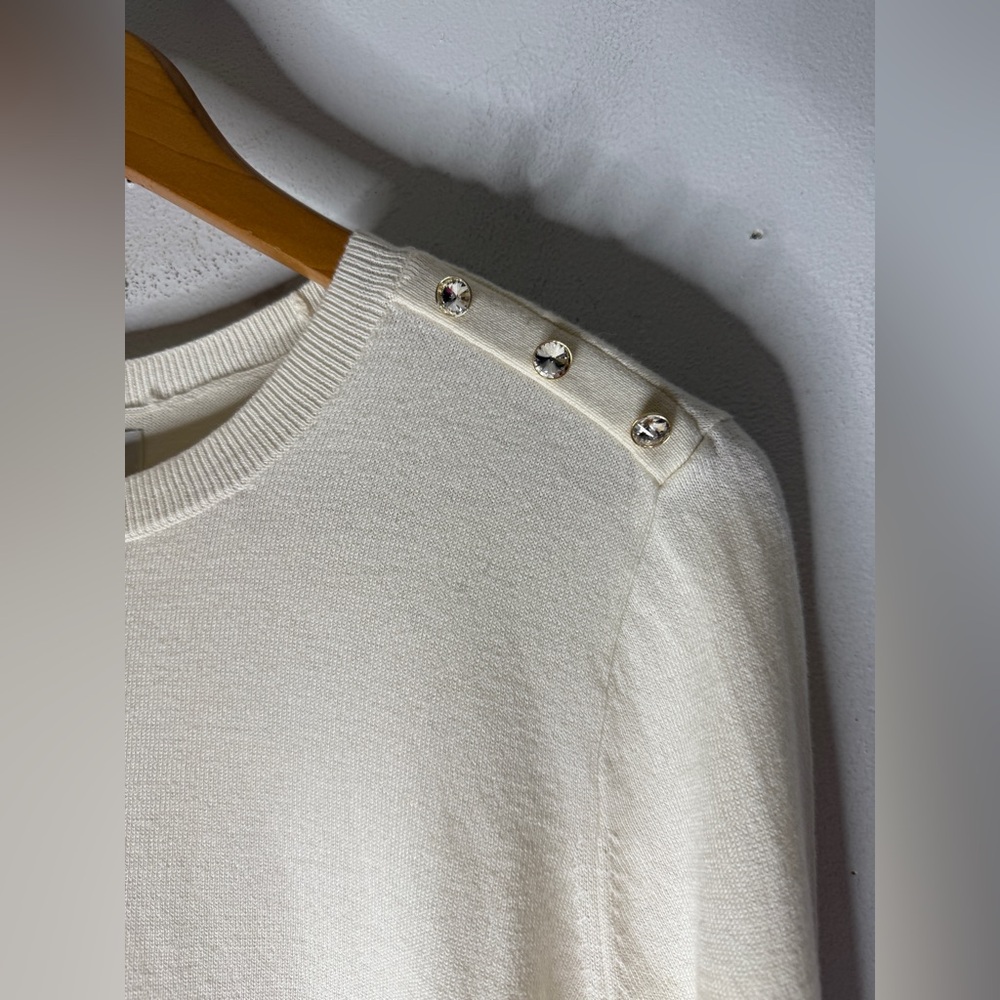 NWT J Crew Factory Cream Ruffle Rhinestone Cotton Sweater Medium - Picture 3 of 7